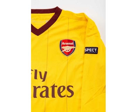 UNWORN 2010-11 CHAMPIONS LEAGUE ARSENAL FC AWAY LONG SLEEVE SHIRT, by Nike, size medium, in yellow with burgundy trim and thi