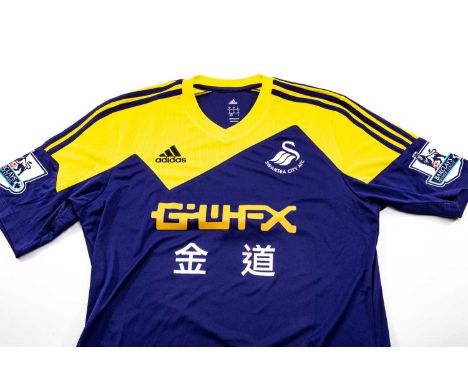 MATCH WORN 2013-14 PREMIER LEAGUE SWANSEA CITY AFC SHIRT, by Adidas, in yellow and blue, worn for Swansea V Arsenal on 25th M