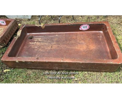 Large salt glazed sink, 15cm (h) x 106cm (w) x 56cm (d) / Please bring equipment and labour to assist with removal of all lot