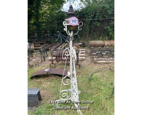 Oil lamp and stand, 134cm (h) / Please bring equipment and labour to assist with removal of all lots. All lots are located at
