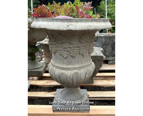 Reconstituted stone urn planter, 52cm (h) x 40cm (dia) / Please bring equipment and labour to assist with removal of all lots