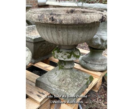 Reconstituted stone planter on pedestal, 47cm (h) x 46cm (dia) / Please bring equipment and labour to assist with removal of 