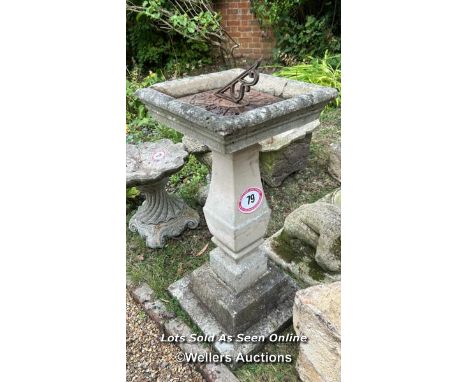 Reconstituted stone sundial, 88cm (h) x 32cm sqaure at the base / Please bring equipment and labour to assist with removal of