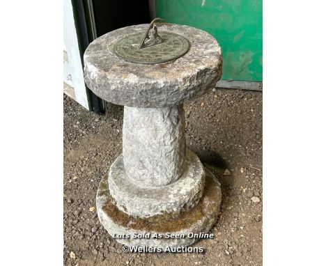 A three piece stone sundial, 53cm (h) x 33cm (dia) / Please bring equipment and labour to assist with removal of all lots. Al