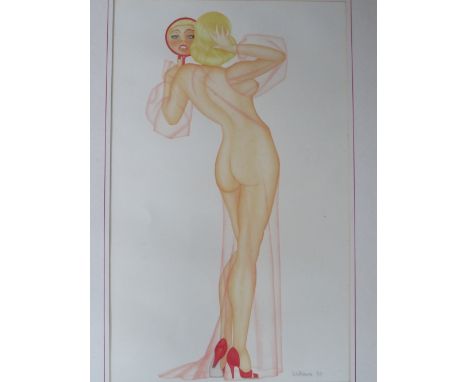 WILKINSON. Rear view study of a female nude looking into a hand mirror, signed and dated 1984 lower right, watercolour, frame