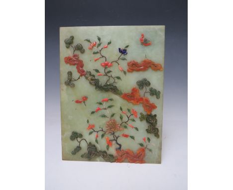 A 19TH CENTURY ORIENTAL DECORATIVE JADE AND HARDSTONE PLAQUE, 25 x 18.5 cm