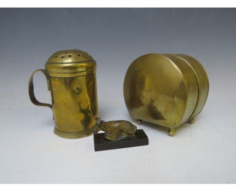 A 19TH CENTURY BRASS BOX / LAMP, together with a late 18th / early 19th century brass flour dredger and a miniature bronze st