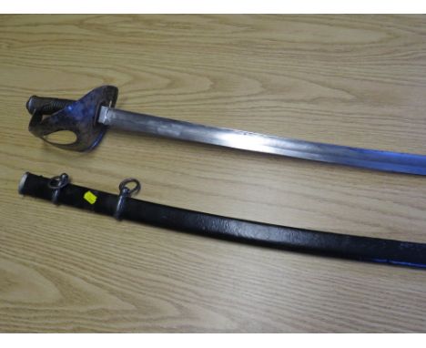 A 19TH CENTURY ITALIAN CAVALRY SABRE, marked A &amp; EW, in black painted steel scabbard