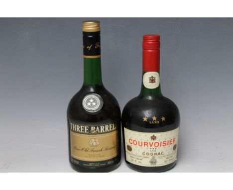 1 BOTTLE OF COURVOISIER THREE STAR LUXE COGNAC, together with 1 bottle of three barrels rare old French brandy (2)