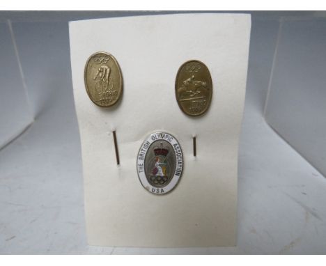 A BRITISH OLYMPIC ASSOCIATION U.S.A. ENAMEL BADGE, together with two Tokyo Olympic 1964 brass tie pins (3)