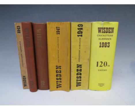 WARTIME AND LATER WISDEN CRICKETERS' ALMANACK, to include softbacks 1943, 1947, 1948 and hardbacks 1944, 1946 and 1983 (6)Con