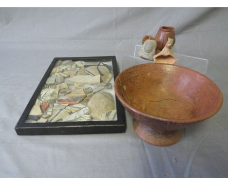 PRE COLUMBIAN POTTERY BOWL, PIPE BOWL, STONE HEAD, and a collection of native American framed glazed pottery fragments from A