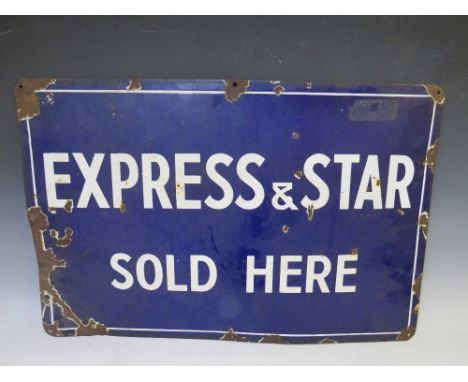 A VINTAGE LOCAL 'EXPRESS &amp; STAR SOLD HERE' BLUE ENAMEL SIGN, 51 x 76.5 cm