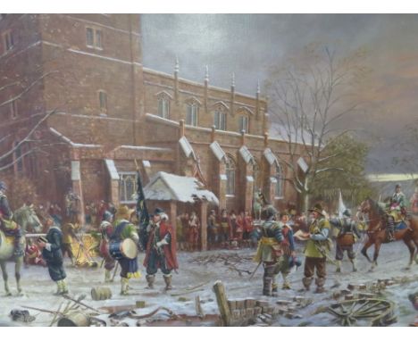 RICHARD RHEAD SIMM (b.1926). Winter English Civil War scene with horses and numerous figures before a church, signed lower ri