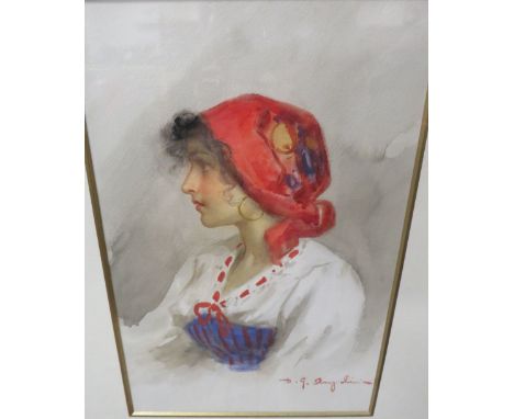 CONTINENTAL SCHOOL (XX). Study of an Eastern girl in a head scarf, signed lower right, watercolour, framed and glazed, 33 x 2