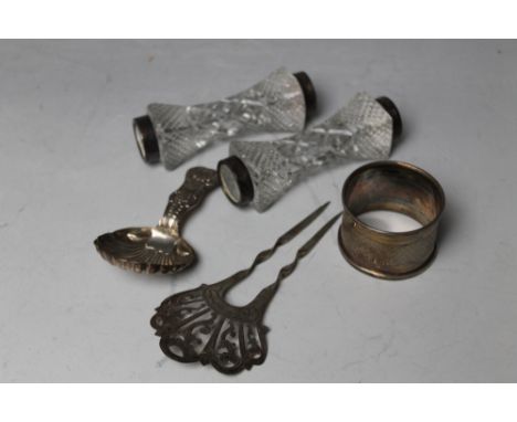 A HALLMARKED SILVER CADDY SPOON - NEWCASTLE 1874, probable repair to heal, together with a hallmarked silver hair slide, a pa