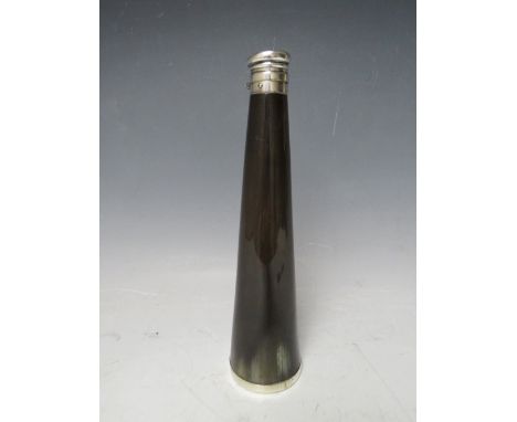 A 19TH CENTURY HORN HUNTING FLASK, with white metal top and banding, H 24 cm