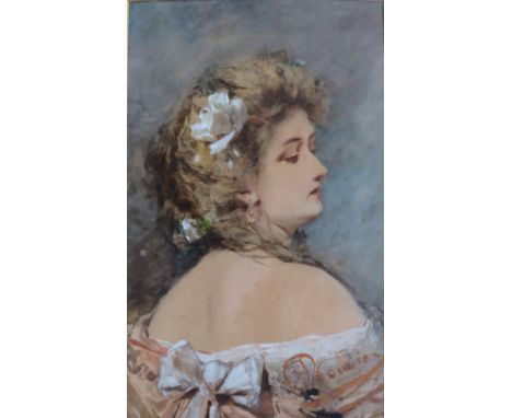 BOUVIER (XIX). Continental school head and shoulder portrait study of a young woman, signed lower right, watercolour, framed 