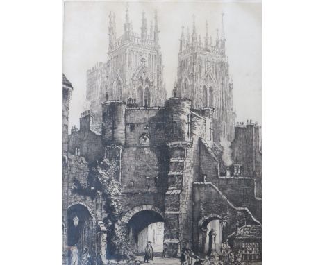 WILLIAM RENISON (1893 - 1938). Continental town square with figures before a cathedral, signed lower middle to right, etching