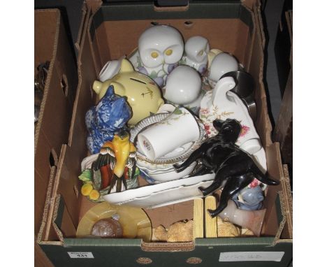 Box of assorted china, various to include; ceramic studies of animals, including dogs, owls and birds, money box in the form 