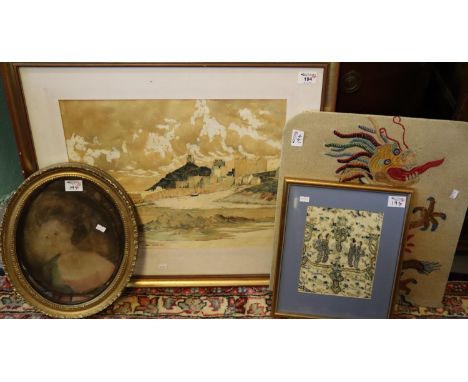 British school (20th Century), study of Tenby, watercolours, together with a portrait of a woman, Chinese embroidered panel a
