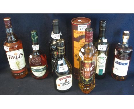 Collection of spirits and fortified wines to include; one 75cl bottle of Taylor's reserve port, 70cl Three Barrels rare old F