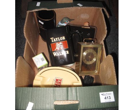Box of assorted items to include; a bag of loose plated cutlery, advertising including Tetley bitter ashtray and other ashtra
