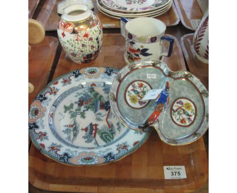 Burleighware twin handled mug, together with a Noritake hors d'oeuvres dish decorated with a perching bird, Copeland vase and