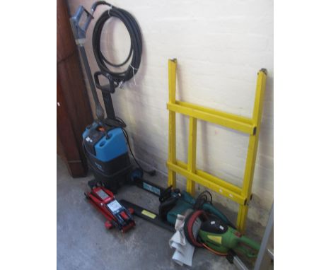 Kew Warrior automatic pressure washer, together with other items including; hedge strimmer, chainsaw with stand and a hydraul