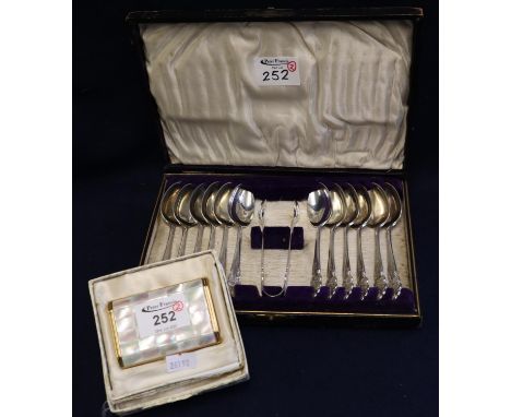 Cased set of 12 electroplated King George V Coronation teaspoons with matching sugar tongs, together with a rectangular shape