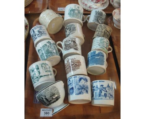 Tray of 19th Century pottery straight sided mugs with transfer printed decorations and text, together with an imperial black 