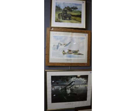 Three military/aviation prints, including; After Theobold 'Spitfires of 610 squadron', After David Williams 'Taranto 1940' an