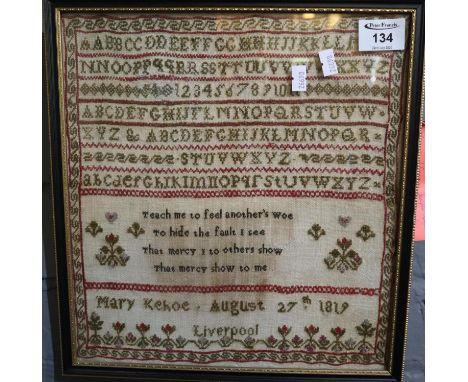 Framed 19th Century tapestry sampler by Mary Kehoe dated August 27th 1819, Liverpool. 32 x 29cm approx. Framed and glazed.(B.