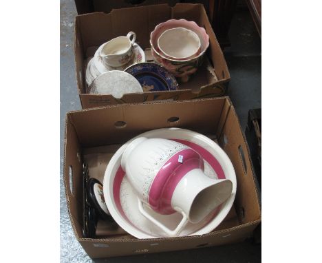Two boxes of china to include; jug and basin set, Alfred Meakin Staffordshire 'Devonshire Road' plates, floral jardiniere etc
