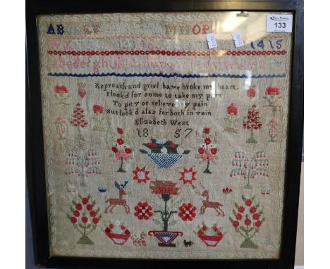 19th Century framed tapestry sampler by Elizabeth West dated 1857. 38 x 38cm approx. (B.P. 24% incl. VAT) Appears to be quite