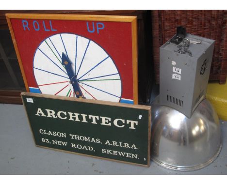 Industrial aluminium light marked: Fitzgerald, with chain. Together with an Advertising board: 'Architect, Clason Thomas, A.R