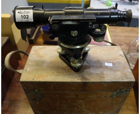 Hall Brothers black enamelled surveyors level in original teak fitted case with leather shoulder strap. Includes some accesso