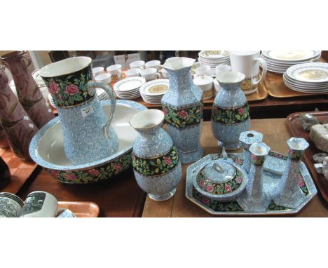 Early 20th Century floral blue and white and rose decoration transfer printed jug and basin set with matching items including