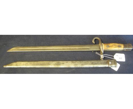 Chinese copy of a Japanese Arisaka Second World War bayonet and scabbard. Fullered blade, possibly shortened, with wooden gri