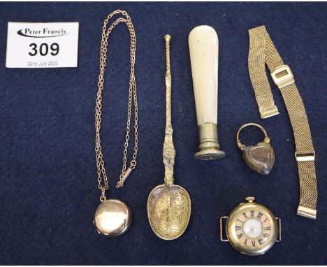 A 15ct gold locket and chain, 15ct gold ladies wristwatch on 9ct gold mesh bracelet, a seal with mother of pearl handle etc. 
