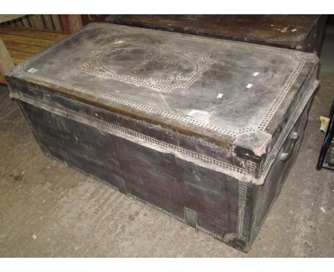Early 19th Century leather bound steamer trunk or sea chest, the interior revealing two removable teak trays with metal studw
