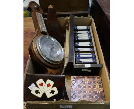 Wooden box of glass magic lantern slides, playing card box and another inlaid wooden box with geometric decoration, a wooden 