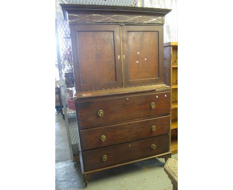 19th Century Welsh oak two stage press cupboard having bone escutcheons above three drawers on bracket feet. (B.P. 24% incl. 