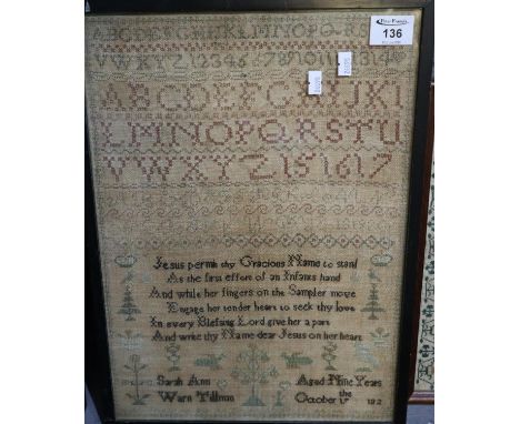 19th Century child's needlepoint sampler by Sarah Anne Warn Tilman age 9 years circa 1820, 'Jesus permit thy gracious name to