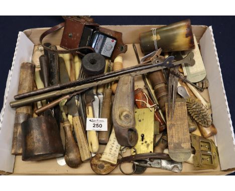 Box of oddments, various, to include; old cutlery, drawing instruments, tools, horn beaker, four gofering irons etc. (B.P. 24