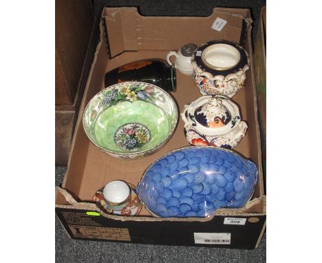 Box of china to include; Maling pedestal bowls, Gaudy Welsh two handled lidded sucrier, Japanese cabinet cup and saucer etc. 