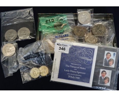 Collection of assorted QE II crowns and other coins, Royal Wedding First Day Covers and other stamps. (B.P. 24% incl. VAT) 