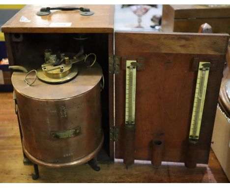 Baird and Tatlock of Glasgow and London brass and copper petroleum flash point tester, spirit heated with two thermometers. I