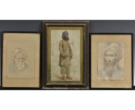 A Pair of Portraits of Middle Eastern GentlemenIndistinctly signed, gouache and pencil; another, man holding an axe, watercol