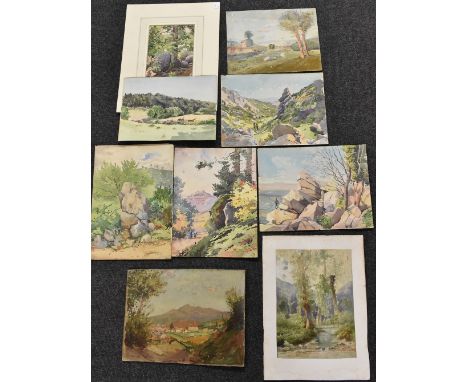F Petiti (early 20th century continental school)A folio of eight watercolours, and a small oil on board, European landscapes,